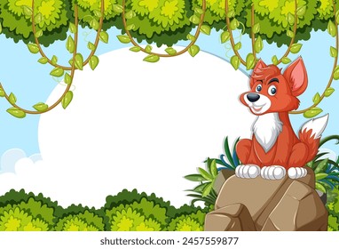 Animated fox sitting on a rock under vines.