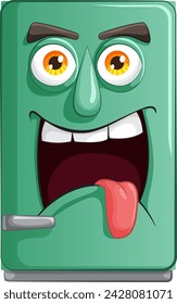 Animated fridge with a playful, cheeky expression.