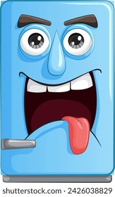 Animated fridge with a playful, mischievous expression.