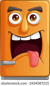 Animated fridge with a playful, mischievous expression.