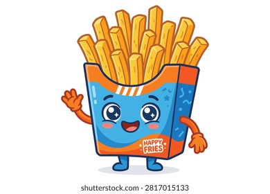 Animated fries container with arms waving and smiling happily inside box