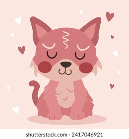 Animiertes Furry-Baby-Kätzchen in rosafarbenen Tönen für ein illustriertes Kinderbuch, bezaubert mit geschlossenen Augen, Whiskers, umgeben von Herzen, die Liebe ausdrücken. Minimale Vektorgrafik