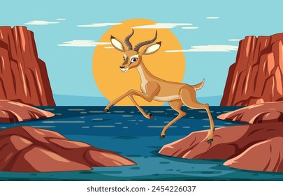 Animated gazelle jumping between rocky cliffs at sunset.