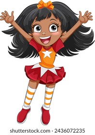 Animated girl in cheerleader outfit, expressing happiness.