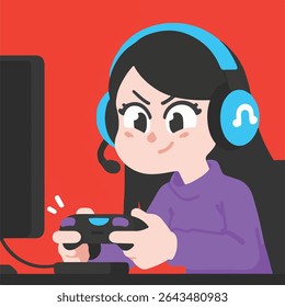 Animated Girl Gaming with Headset and Controller on Red Background