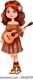 Animated girl with guitar in boho style dress.