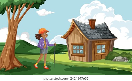 Animated girl with hiking gear near a small cabin