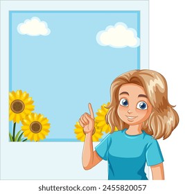 Animated girl pointing at sunflowers in a frame