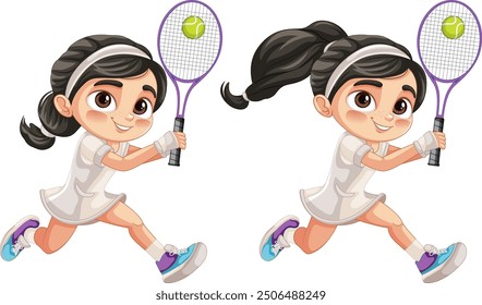 Animated girl with tennis racket and ball