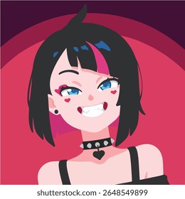 Animated girl winking with heart details and edgy fashion style.