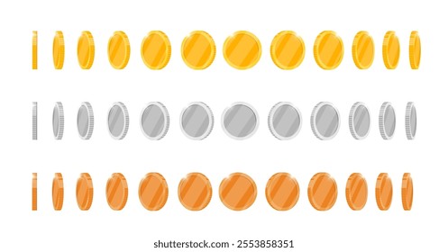Animated gold, silver and bronze coin rotation in multiple directions for video game app. Blank casino token turning at various angles. Spinning metal achievement symbol. Flat 3D currency in motion