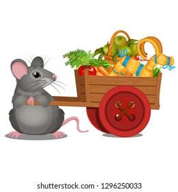 Animated gray mouse carries a wooden cart with a harvest of ripe vegetables and straw goat isolated on white background. Vector cartoon close-up illustration.