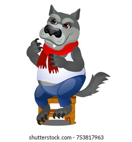 Animated gray wolf sitting on a wooden stool isolated on white background. Vector cartoon close-up illustration.