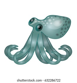 Animated grey octopus isolated on white background. Vector cartoon close-up illustration.