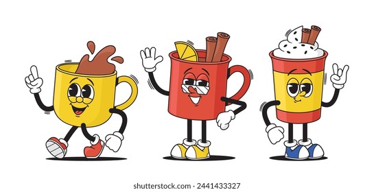 Animated, Groovy Drink Cups With Anthropomorphic Features. Tea, Coffee, And Latte Mugs Unique Retro Hippie Characters