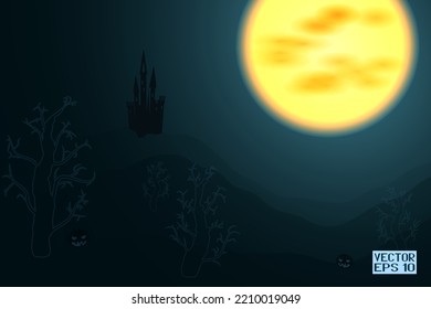 Animated Halloween Festive Background. Haunted Castle On Mountain. Witches In The Moonlight Sky. Holiday Wallpapers. Vector. 3D Illustration