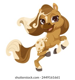 Animated happy pony prancing, vector illustration on a white background, depicting a playful concept. Vector illustration