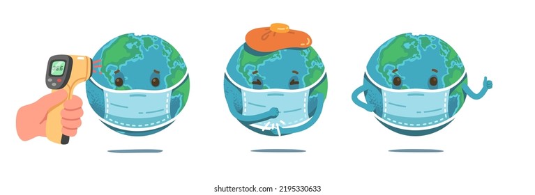 Animated Healthy, Sick Earth Planets Characters Wear Protective Mask Set. Globe Take Temperature, Cough, Show Thumb Up. Coronavirus Disease World Pandemic Prevention Concept Flat Vector Illustration