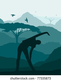 Animated healthy women doing exercises in wild africa foliage illustration