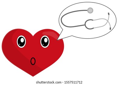 An animated heart with eyes thinks of a stethoscope, a check, a cure  isolated on white background. The check-up of heart, ECG. Concept of cardiology.