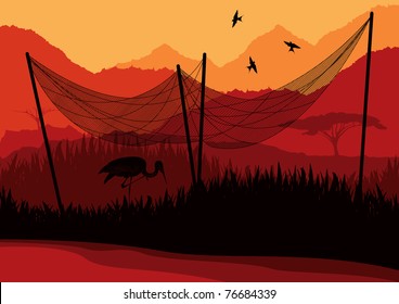 Animated heron under fishing net in wild african nature foliage illustration