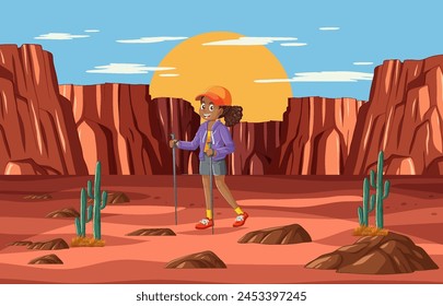 Animated hiker with backpack trekking in desert