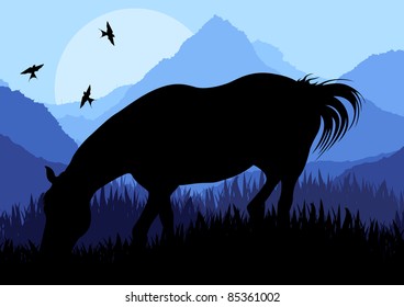 Animated horse in wild nature landscape illustration