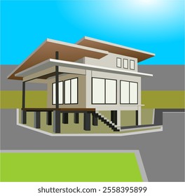 Animated house on stilts exterior vector and illustration