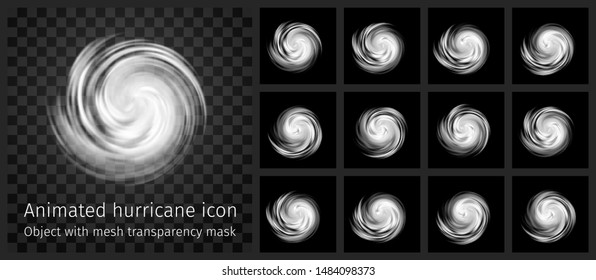 Animated Hurricane Icon with transparency. Rotating tornado, typhoon, white swirl clouds on dark background. Danger cyclone vector frame by frame animation. Loop animation ready. Infographics element