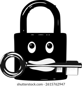 Animated icon of a padlock and key bitten between teeth with a cute expression, showing a unique and creative security concept in cartoon style on a transparent background.