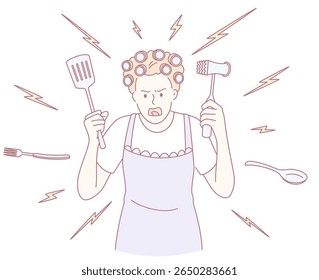 An animated illustration depicting a fiercelooking woman in an apron, wielding cooking tools with intensity