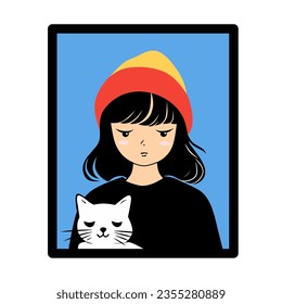 animated illustration design of a girl with her cat on a framed blue background