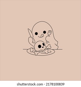 Animated Illustration Of Ghost Having Breakfast Eating Skull Head