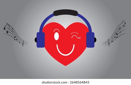 Ilustração animada de um coração ouvindo música com seus fones de ouvido.