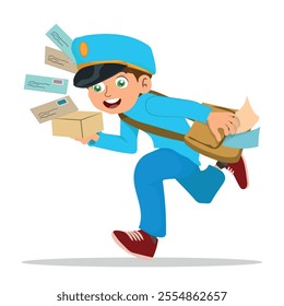 animated illustration of a postman running delivering mail, vector with white background.