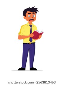 Animated illustration of a student in a tie and yellow shirt looking surprised while holding a red book, reflecting the emotions of discovering unexpected information in studies