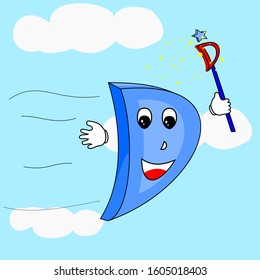 animated image of the letter D in flight, holding a magic wand that emits small stars