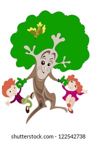 Animated image of a tree, which plays with two young children