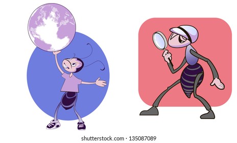 Animated image of two funny ants as adventurer and detective