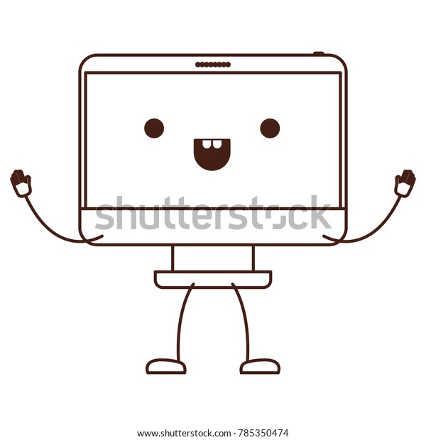 Animated Kawaii Desktop Computer Monochrome Silhouette Stock Vector ...