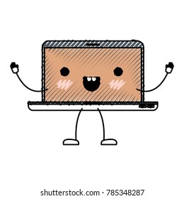 animated kawaii laptop computer in colored crayon silhouette