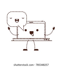 animated kawaii laptop computer with kawaii speech dialogue in monochrome dotted silhouette