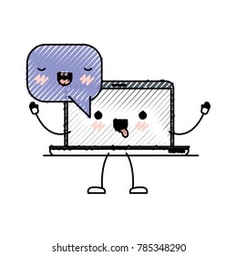 animated kawaii laptop computer with kawaii speech dialogue in colored crayon silhouette