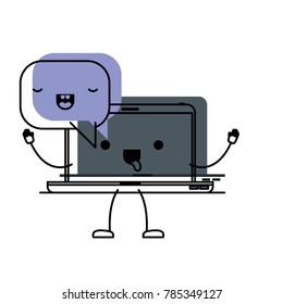 animated kawaii laptop computer with kawaii speech dialogue in watercolor silhouette