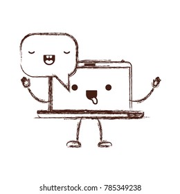 animated kawaii laptop computer with kawaii speech dialogue in monochrome blurred silhouette