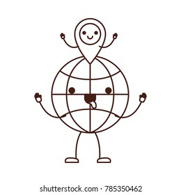 animated kawaii world globe and kawaii map pointer on top in monochrome silhouette