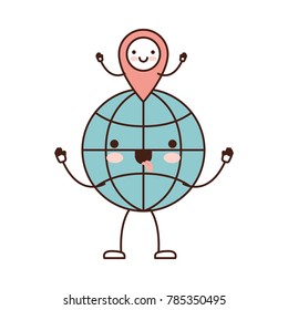 animated kawaii world globe and kawaii map pointer on top in colorful silhouette