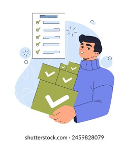 Personaje masculino animado sosteniendo lista de verificación con marcas de verificación verdes, estilo gráfico plano, sobre un fondo azul claro, concepto de organización. Ilustración vectorial plana de estilo simple