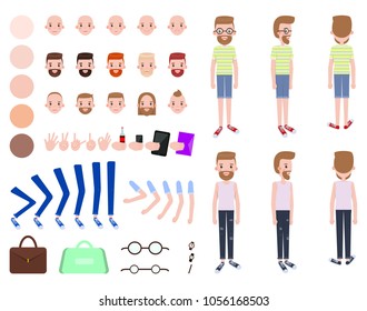 Animated man constructor head with various emotions, skin colors and hairstyles, gesture signs and accessories glasses and cases male constructor vector