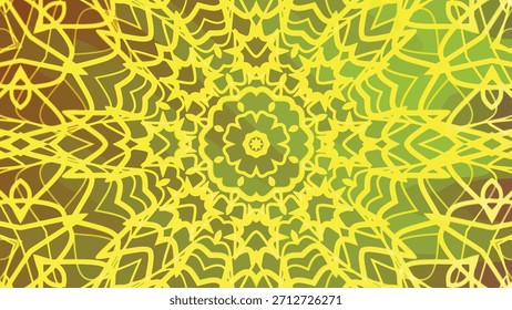 Diseño animado de mandala con líneas amarillas sobre un fondo degradado para imágenes espirituales, abstractos giros caleidoscopio A, Regalías de stock.